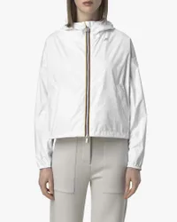Giacca cropped impermeabile Double Laurette bianca e beige con cappuccio e chiusura zip