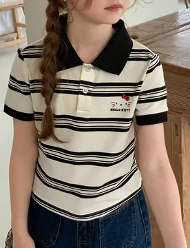 Camisa polo de manga corta con estilo para niñas, camiseta de rayas de verano, blusa de manga corta para niñas mayores - Shein - FashionsVida