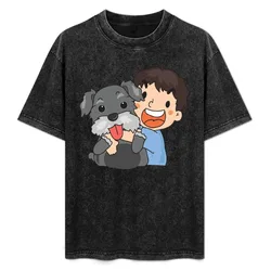 Boy Hugging A Schnauzer T-Shirt Heavy Duty Casual Work Tee