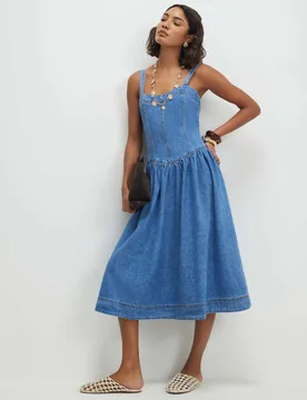 Denim Seamed Midi Swing Dress Blue Denim female - River Island - FashionsVida