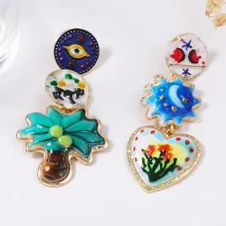 Artistic and retro creative design alloy printed geometric heart and floral asymmetrical earrings, vacation jewelry