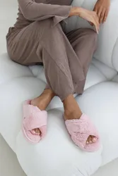 Women's 'Denise' Faux Fur Fluffy Crossover Slippers in Pink Size: 4 - Pink - Size: 4