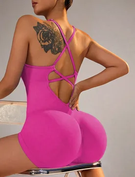 Mono de fitness sexy, mono deportivo con ajuste cruzado ajustable para mujeres, mono para correr y yoga, shorts fruncidos, conjunto sin espalda, mono - Shein - FashionsVida