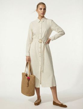 Abito camicia midi in viscosa con misto lino - nude