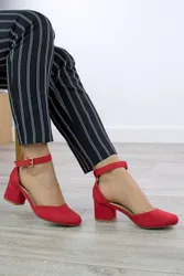 Women's Mid Block Heel Buckle Ankle Strap 2 Part Heels in Red Size: 5 - Red - Size: 5