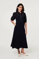 Women's Embroidered Texture Midi Shirt Dress in Navy Size: 8 - Navy - Size: 8