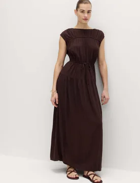 Ruched Maxi Waisted Dress with Linen Peat female - M&S - FashionsVida