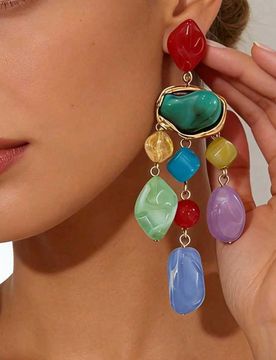 Par de pendientes de estilo bohemio para mujer con piedras de resina de colores asimétricos y borlas, pendientes colgantes de color contrastante tipo