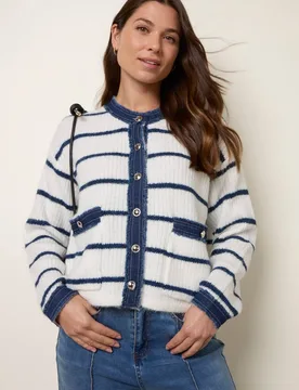 Ivory Stripe & Denim Cardigan Sweater - Ivory - Size: S/M - Blue Vanilla - FashionsVida