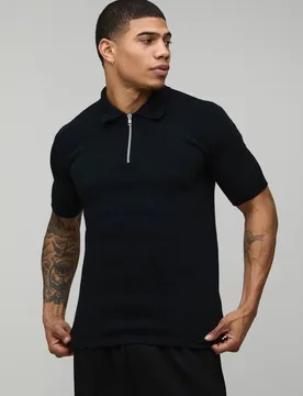 Herren Muscle Fit Soft Touch Strick-Poloshirt Black Größe Medium - boohooMAN - FashionsVida