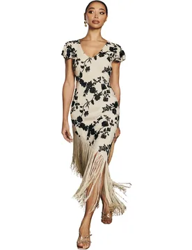Vestido midi con bordado floral y flecos - MIPHAI - FashionsVida