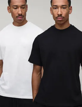 Men's Regular Fit 2 Pack Essential Crew Neck T-Shirts Mono Size X-Large Mono XL - boohooMAN - FashionsVida