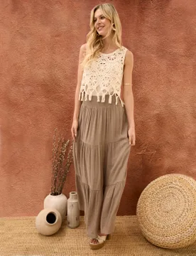 Shirring Waist Tiered Maxi Skirt - M / LIGHT BROWN - female - Blue Vanilla - FashionsVida