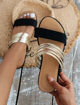 Nuevas sandalias planas romanas para mujer con correas doradas, sandalias tipo slide, pantuflas color caqui - Shein - FashionsVida