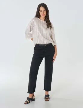 Maglia over in misto cotone traforato color argento effetto metallizzato con maniche tre quarti - Hlo! - FashionsVida