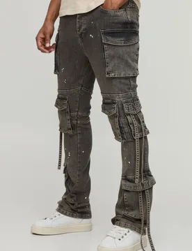 Mens Washed Stacked Flare Strap Detail Cargo Jeans - Beige Cotton - Size 36 Regular - boohooMAN - FashionsVida