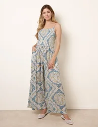 Shirred Drawstring Jumpsuit - M / BLUE PATTERN - female