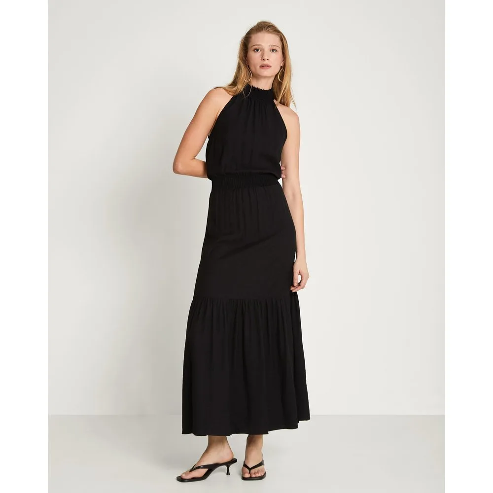 Vestido largo de cuello halter con fruncido - Trucco - FashionsVida