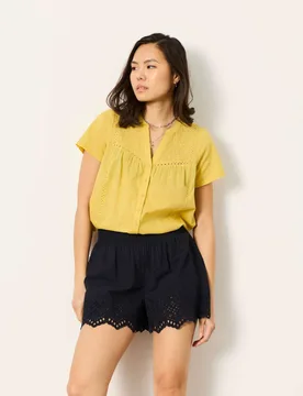 Pure Cotton Embroidered V-Neck Blouse Yellow female - Fatface - FashionsVida
