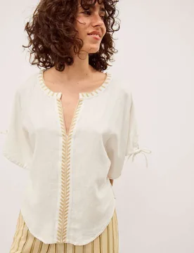 Linen Blend Notch Neck Popover Blouse Ivory female - Monsoon - FashionsVida