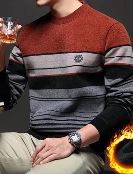 Suéter de punto grueso con rayas y forro de borreguito para hombre en color rojo - Shein - FashionsVida