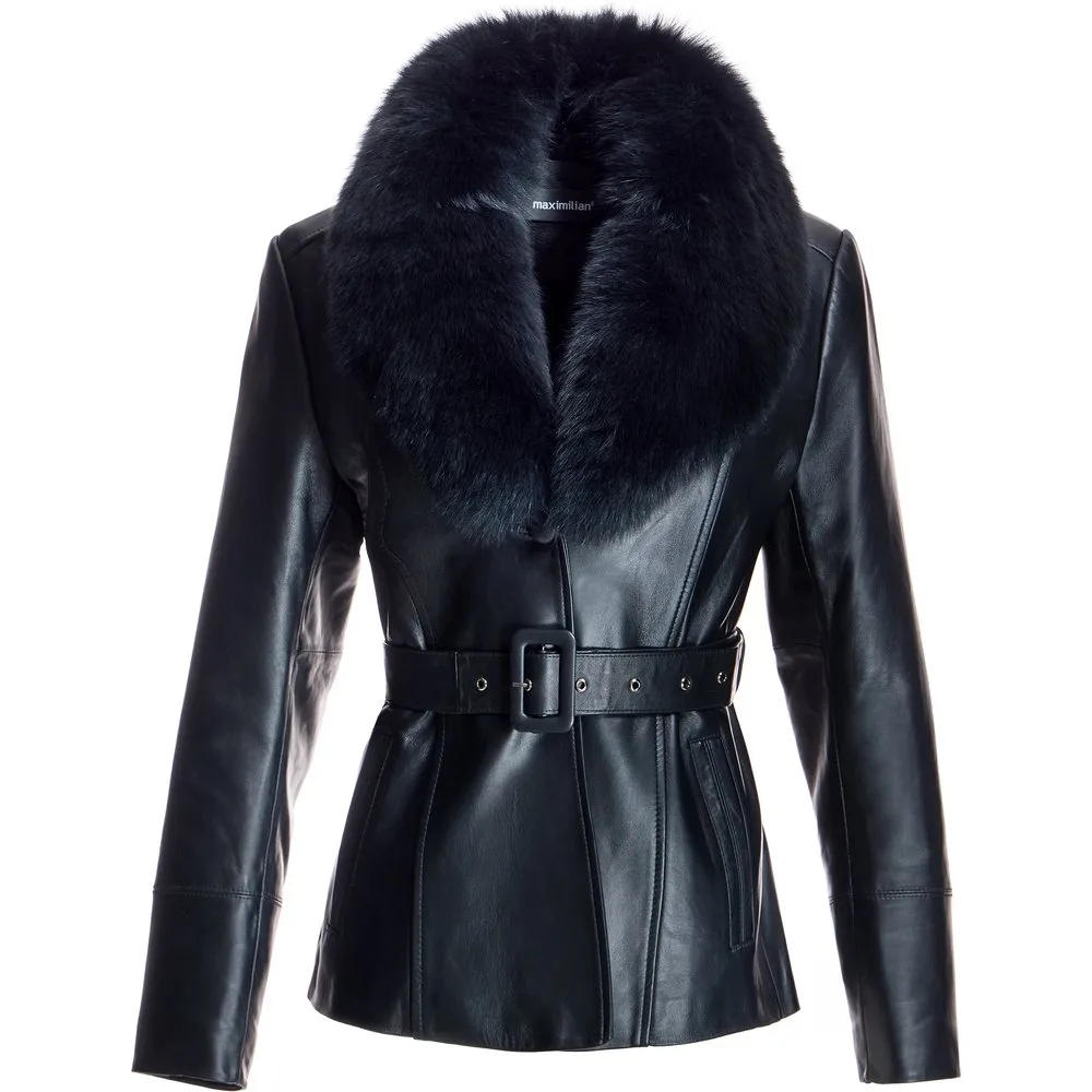 Cazadora de mujer de piel con cuello de zorro desmontable - Maximilian - FashionsVida