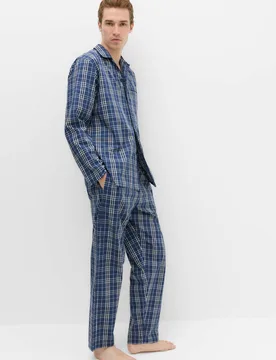 Pure Cotton Checked Pyjama Set Blue Mix male - M&S - FashionsVida