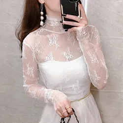 Womens Blouses S-XL Transparent Feminina Mesh Long Sleeve T-shirt Top Turtleneck Solid Color Embroidered Floral Lace T Shirt