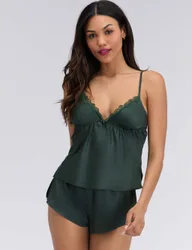 Satin Lace Trim Cami Shortie Set Dark Green female