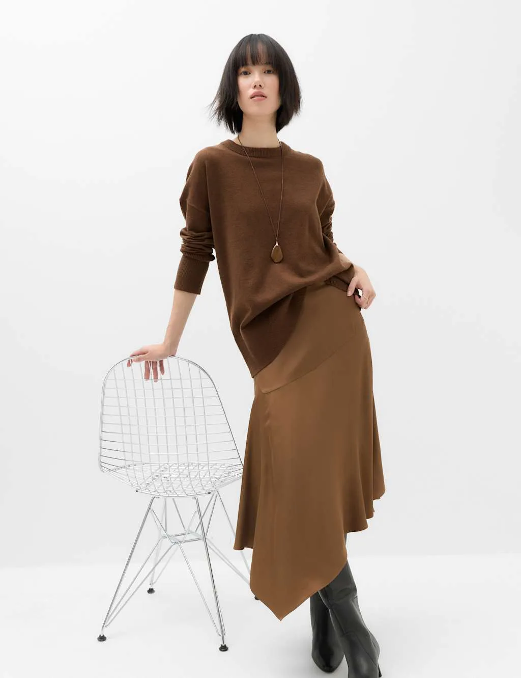 Satin Midi Asymmetric Skirt Toffee female - M&S - FashionsVida