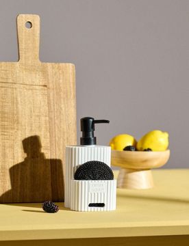 Dispenser per sapone rigato con porta spugna - bianco