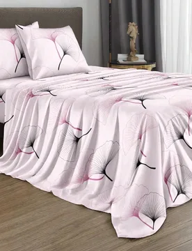 Juego de ropa de cama de 4 piezas con patrón de abanico de hoja de ginkgo rosa, juego de ropa de cama suave y fácil de cuidar (1 sábana plana + 1 s - Shein - FashionsVida