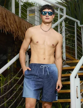 Bañador de hombre con estampado de ondas, cintura con cordón y forro de seda de leche, para vacaciones - Shein - FashionsVida