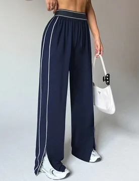 Pantalón de chándal de pierna recta y ajuste holgado para mujer con bolsillos, franja de contraste en la cintura, cintura elástica de alta flexibil - Shein - FashionsVida