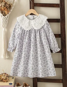 Pieza Vestido de manga larga de ajuste holgado con estampado floral pequeño para niñas jóvenes, diseño de cuello elegante con flores, vestido casu - Shein - FashionsVida