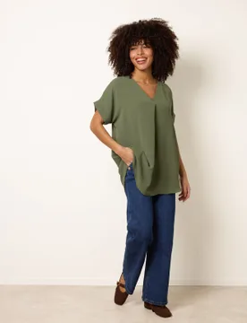 V Neck Crossover Top - ONE / KHAKI - female - Blue Vanilla - FashionsVida
