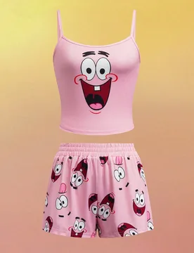 Conjunto de pijama informal de top de tirantes y pantalones cortos con estampado de dibujos animados para mujer - Shein - FashionsVida