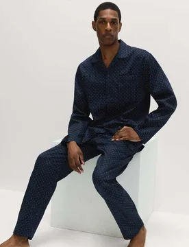 Pure Cotton Polka Dot Pyjama Set Navy Mix male - M&S - FashionsVida