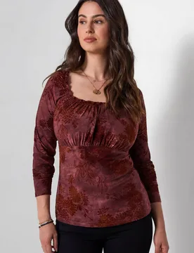 Women's Flocked Print Jersey Top With Gathered Neck in Red Size: 8 - Red - Size: 8 - Joe browns - FashionsVida