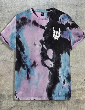 Camiseta de manga corta con estampado de mano de esqueleto efecto tie dye para hombre, de moda, para salir, para amigos, influencia de ropa urbana - Shein - FashionsVida
