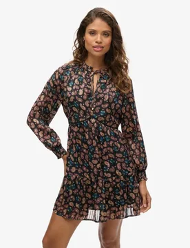 Superdry Damen Schwarz und Braun Bedrucktes, Langärmeliges Minikleid In Metallic-Optik Paisley-Druck, Größe: 36 - 74.99 - FashionsVida