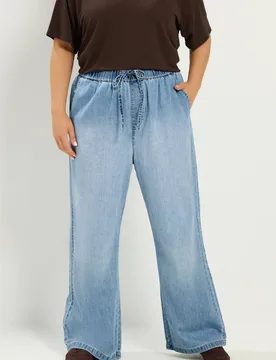 Drawstring Wide Leg Jeans - Mid Blue - Size: 26 - Yours - FashionsVida