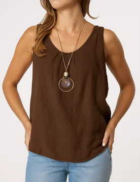 Sleeveless Basic Necklace Crosshatch Top - ONE / CHOCOLATE - female - Blue Vanilla - FashionsVida