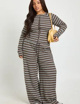Womens Plus Stripe Wide Leg Trousers - Brown Cotton - Size 26 Uk - Boohoo - FashionsVida