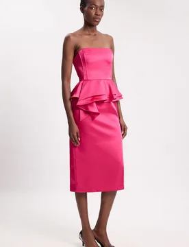 Womens Petite Bonded Satin Peplum Pencil Woven Midi Dress - Pink - Size 4 Uk - Karen millen - FashionsVida
