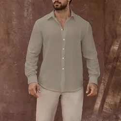Camisa de manga larga regular de hombre estilo boho occidental color marrón moca liso con hombros caídos y cuello de camisa, para vacaciones