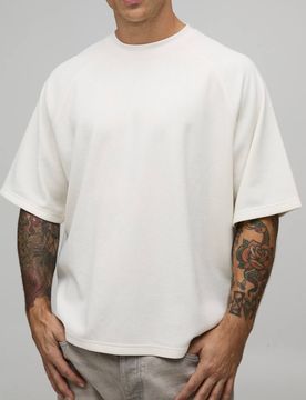 Herren Oversized Kastenförmiges Waffel-Raglan-T-Shirt Ecru Größe XS