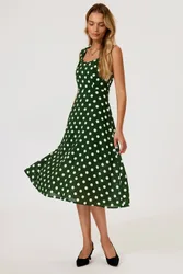Women's Polka Dot Print Heart Neck Midi Green Size: Small - Green - Size: S