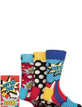 Mens 3 Pair Super Dad Gift Boxed Socks Multi 7.5-11.5 Unisex - Multi Coloured - Size: 7.5-11.5 Unisex - Happy socks - FashionsVida