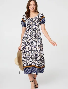 Women's Floral Border Puff Sleeve Midi Dress in Navy Size: 14 - Navy - Size: 14 - Izabel London - FashionsVida
